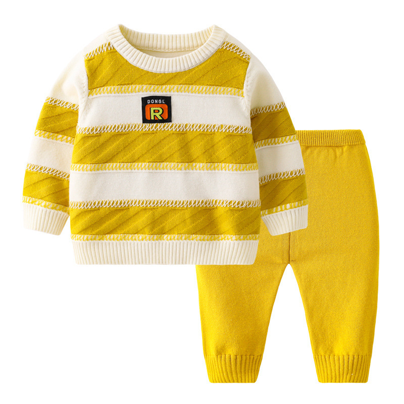 Baby Boy/Girl Ribbed Knit Stripe Pullover Sweatshirt with Pants Set-kissminis