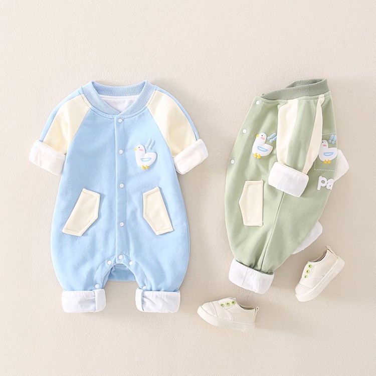 Baby Boy & Girl Cartoon Duck Print Long Sleeve Romper-kissminis