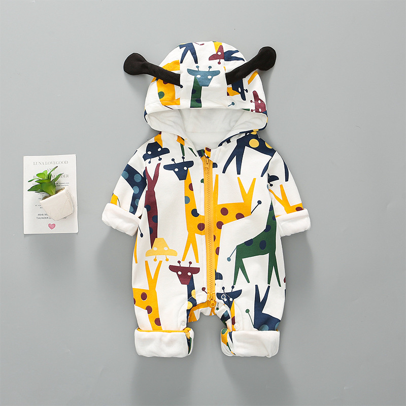 Baby Boy/Girl Winter Thicken Printed Giraffe Allover Cotton Romper-kissminis
