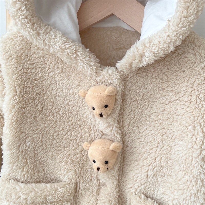 Winter Baby Boy/Girl Winter 3D Bear Doll Long Sleeve Hooded Thicken Fluff Romper-kissminis