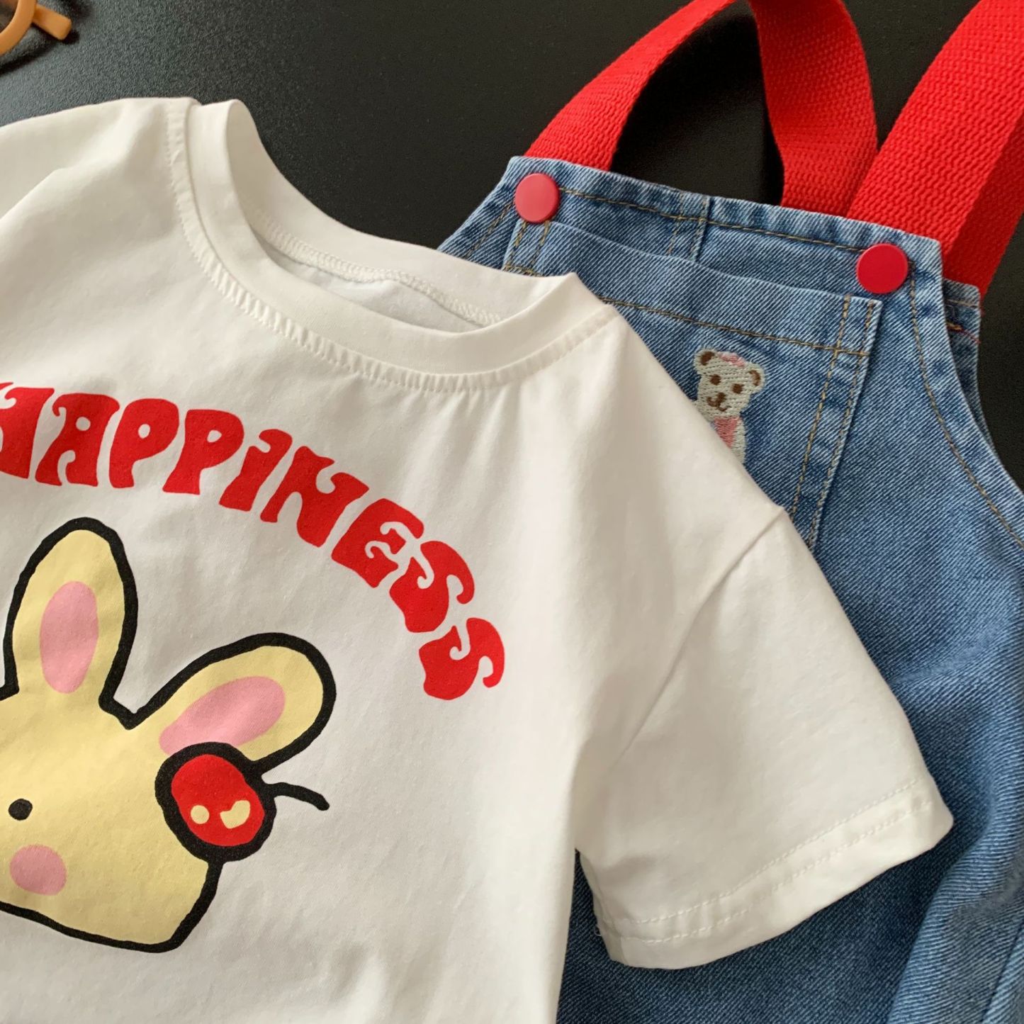 Baby Toddler Girl Block Color Suspender Pocket Embroideried Bear Denim Drress & Casual Large Rabbit Print T-shirt Set