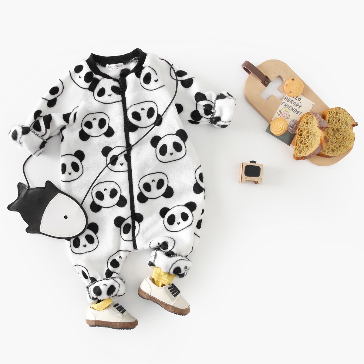 Baby Boy/Girl Winter Fluff Allover Panda Print Long Sleeve Romper-kissminis