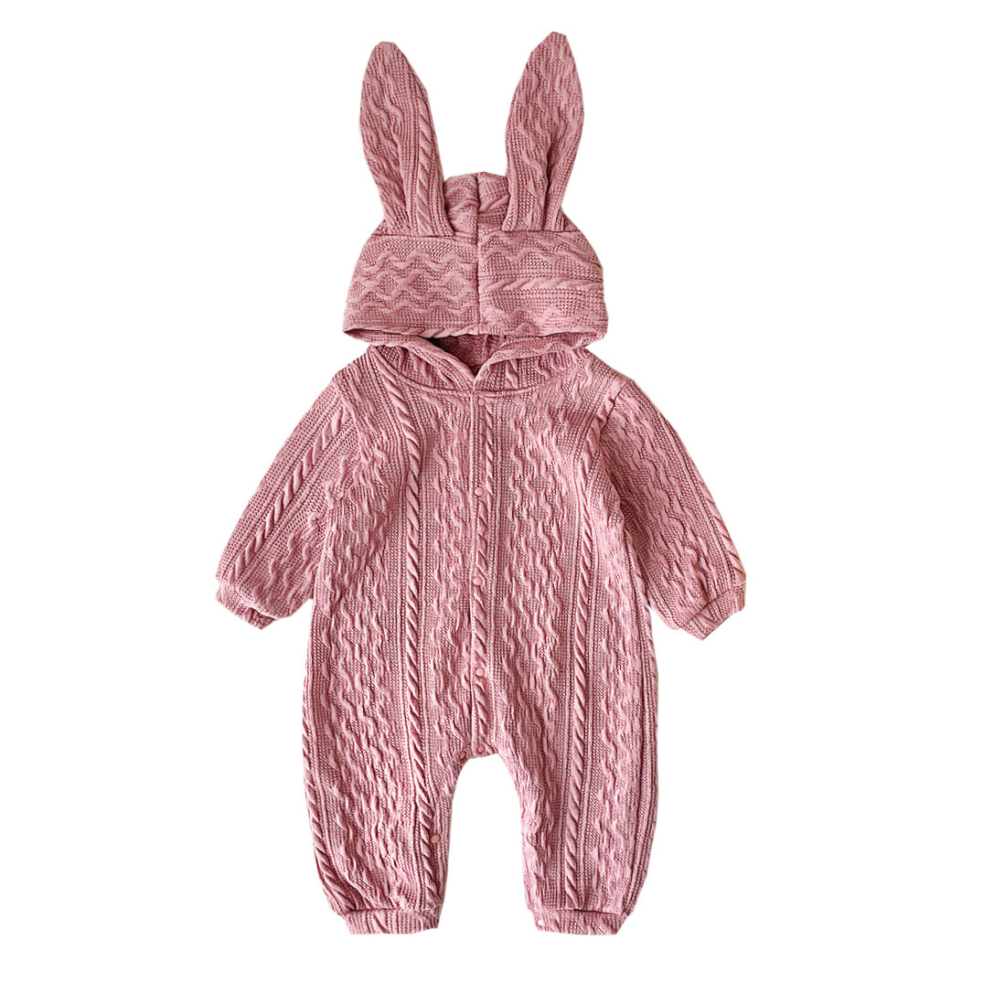 Baby Girl Solid Color Cute Rabbit Ears Design Knitted Long Sleeve Hooded Romper-kissminis