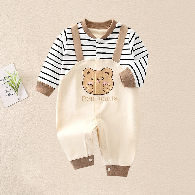 Baby Boy Cute Bear Pattern Fake Two Pieces Striped Long Sleeve Romper-kissminis