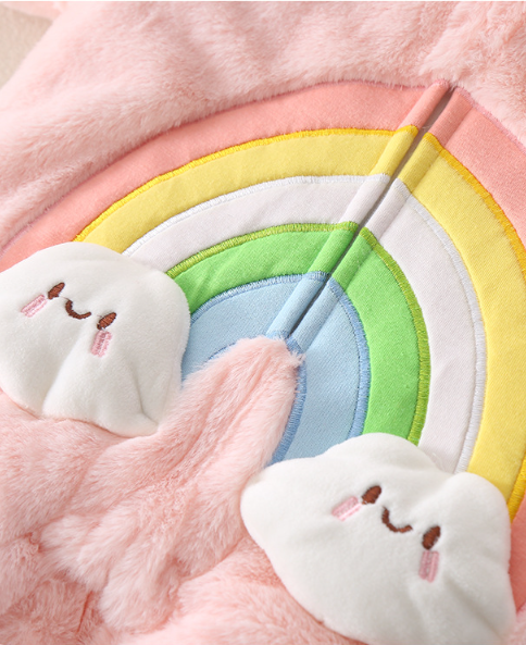 Baby Toddler Girl Winter Rainbow Pattern and Rabbit Ears Design Fluff Long Sleeve Hooded Romper-kissminis