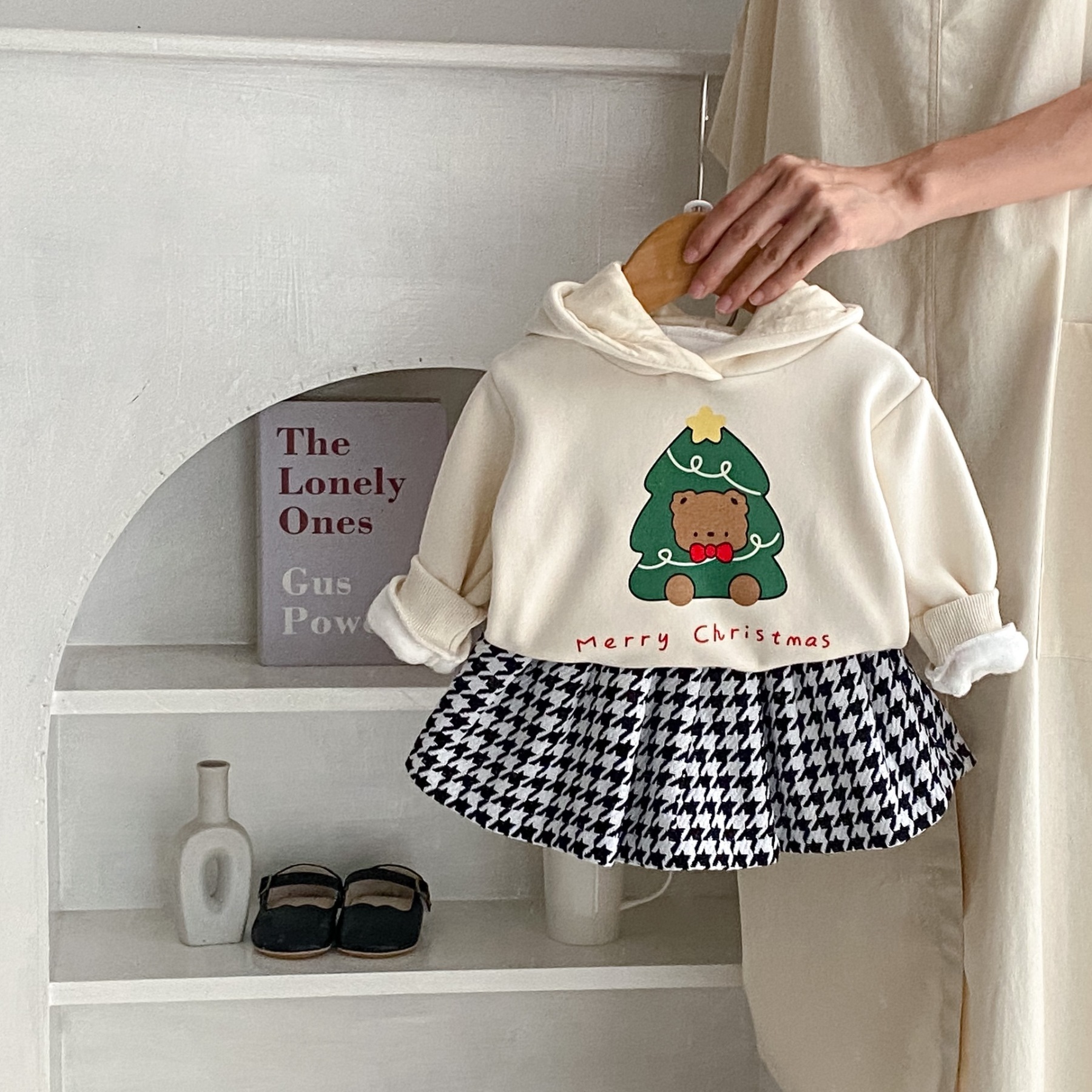 Bayby Toddler Girl Christmas Tree with Bear Print Long Sleeve Hooded Sweatshirt and Plaid Skirt-kissminis