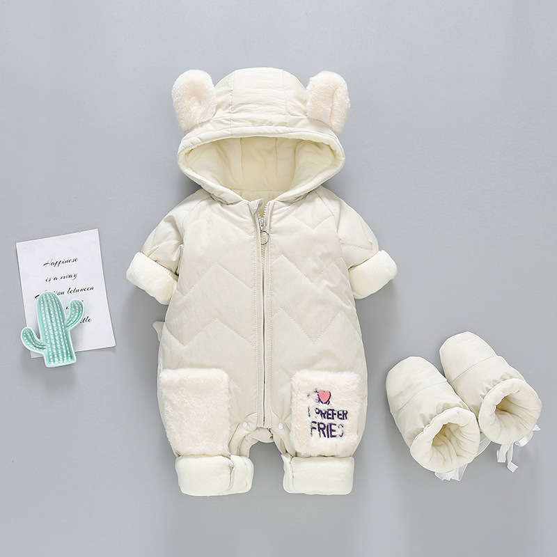 2pcs Baby Boy/Girl Winter Thicken Cartoon Graphic Bear Ear Design Hooded Romper with Shoes Set-kissminis