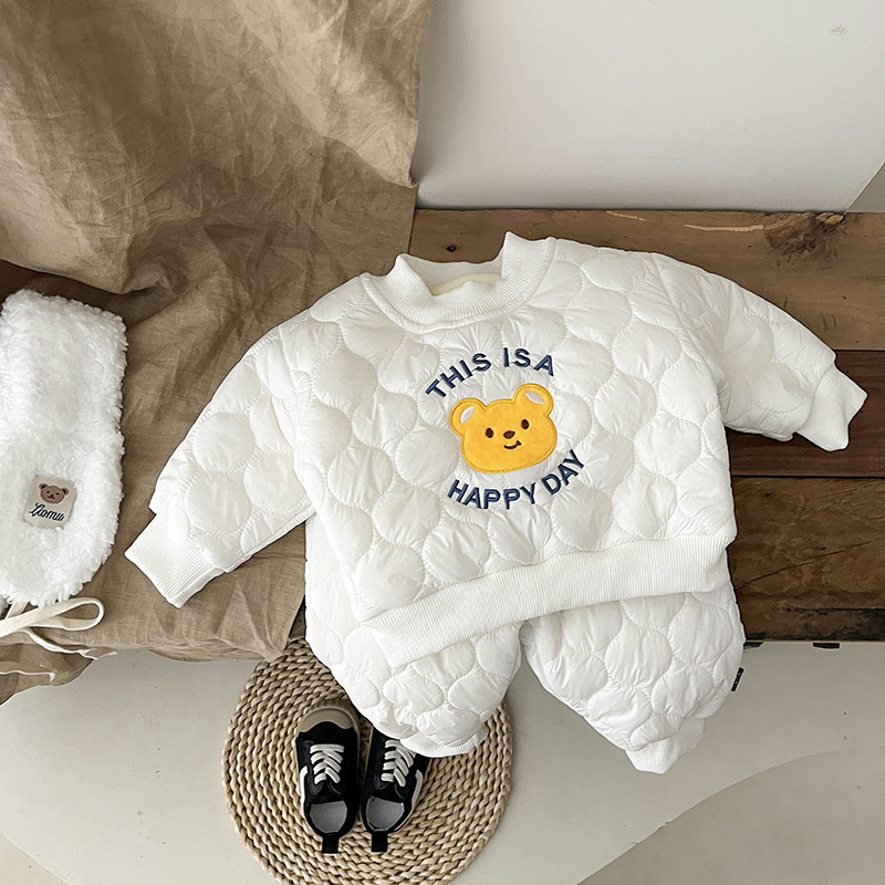 2pcs Toddler Boy/Girl Cute Bear and Letters Print Solid Color Long Sleeve Sweatshirt and Pants Set-kissminis