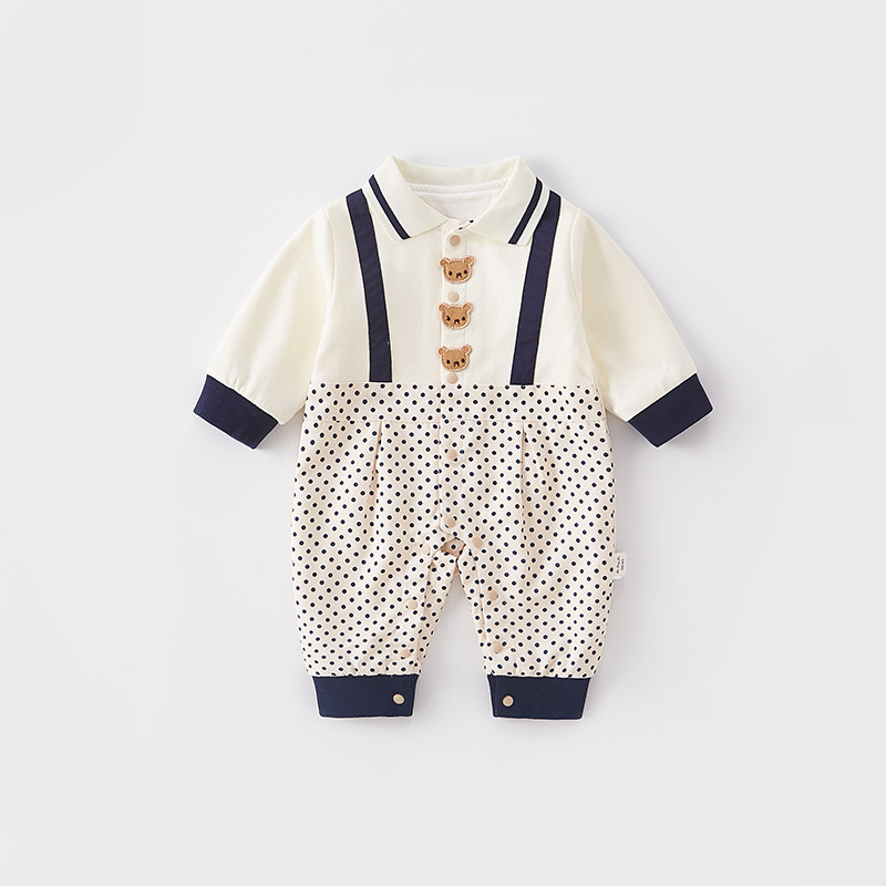 Mock Two-pieces Baby Boy Bear and Dot Graphic Long Sleeve Romper-kissminis
