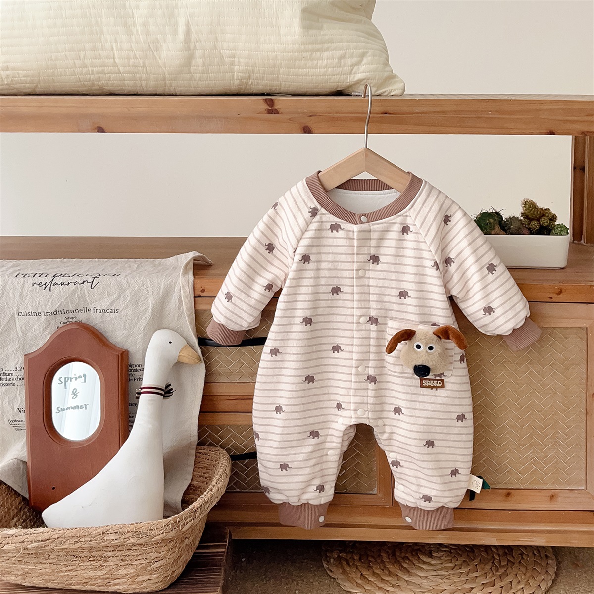 Elephant Print and 3D Dog Decoration on Pocket Striped Romper