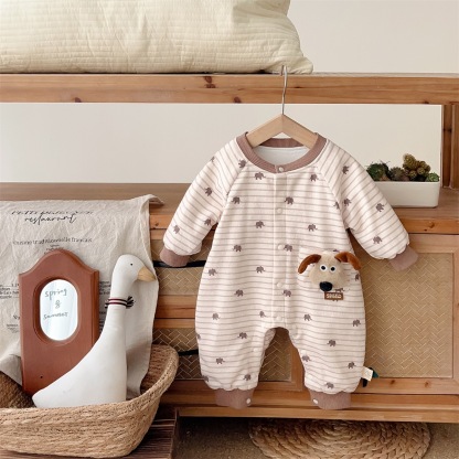 Elephant Print and 3D Dog Decoration on Pocket Striped Romper