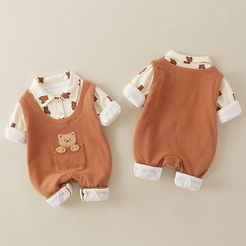 Baby Boy/Girl Allover Bear Graphics Mock Two-pieces Long Sleeve Romper-kissminis