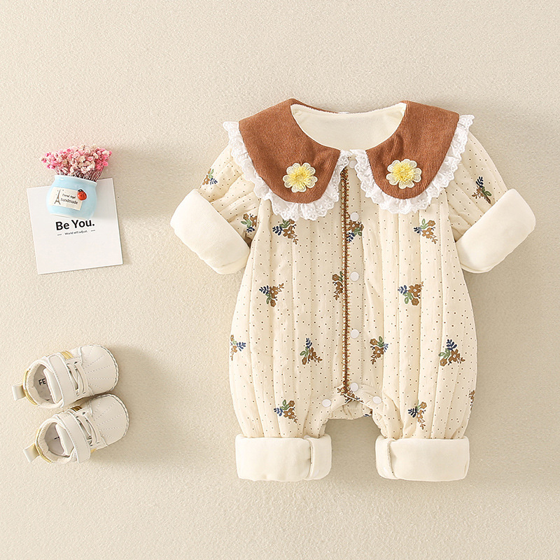 Baby Boy & Girl Dotted with Fowers Graphic Long Sleeve Romper-kissminis