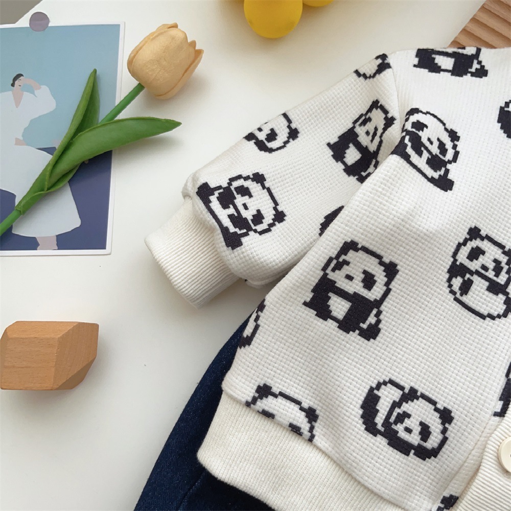 Baby Boy Panda Print Long Sleeve Cardigan with Denim Pants Set-kissminis