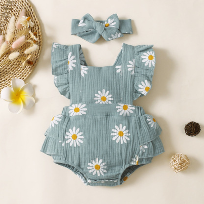 2pcs Newborn Baby Girl Allover Daisy Print Flutter Sleeve Sweet Bodysuit with Hairband Set