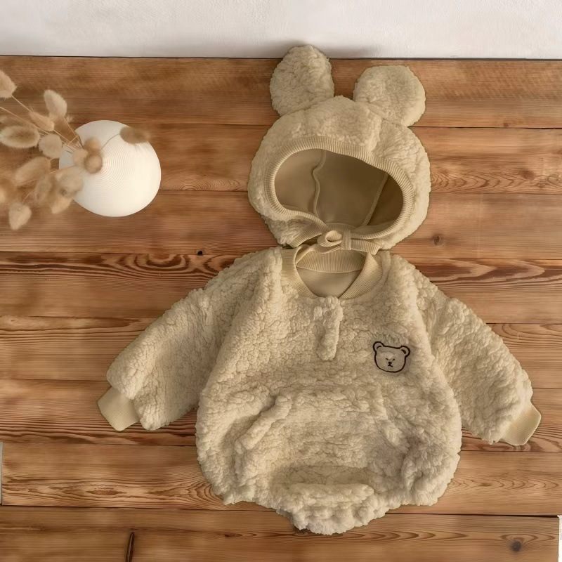 2pcs Winter Baby Boy/Girl Cute Bear Design Fluff Long Sleeve Romper with Hat Set-kissminis