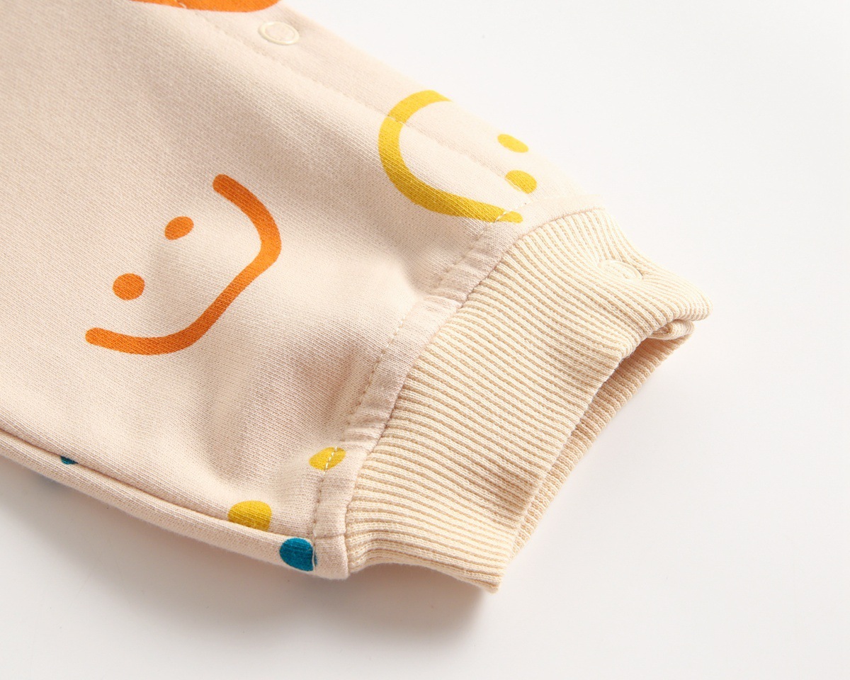 Baby Girl Allover Smile Face Pattern Single Breasted Long Sleeve Romper-kissminis