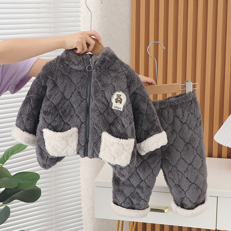 2pcs Baby Boy/Girl Cute Bear Pattern Zipper Plush Pajamas Long Sleeves Sweatshirt and Pants Set-kissminis