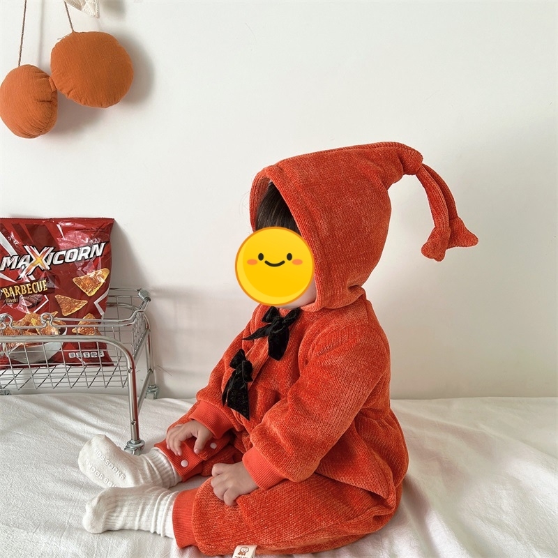Baby Girl Winter Bowknot Design Long Sleeve Thicken Fluff Hooded Romper-kissminis