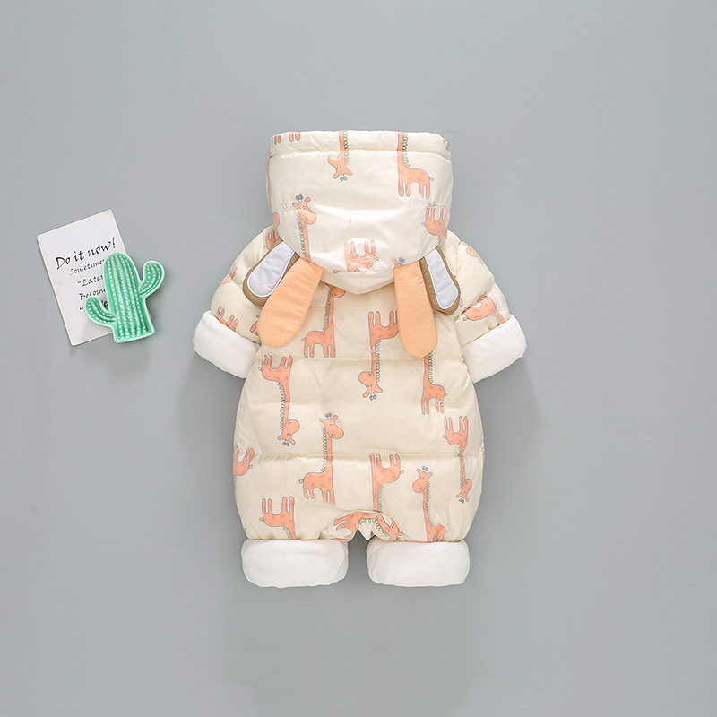 Baby Boy/Girl Winter Thicken Allover Giraffe Pattern and Ear Design Hooded Romper-kissminis
