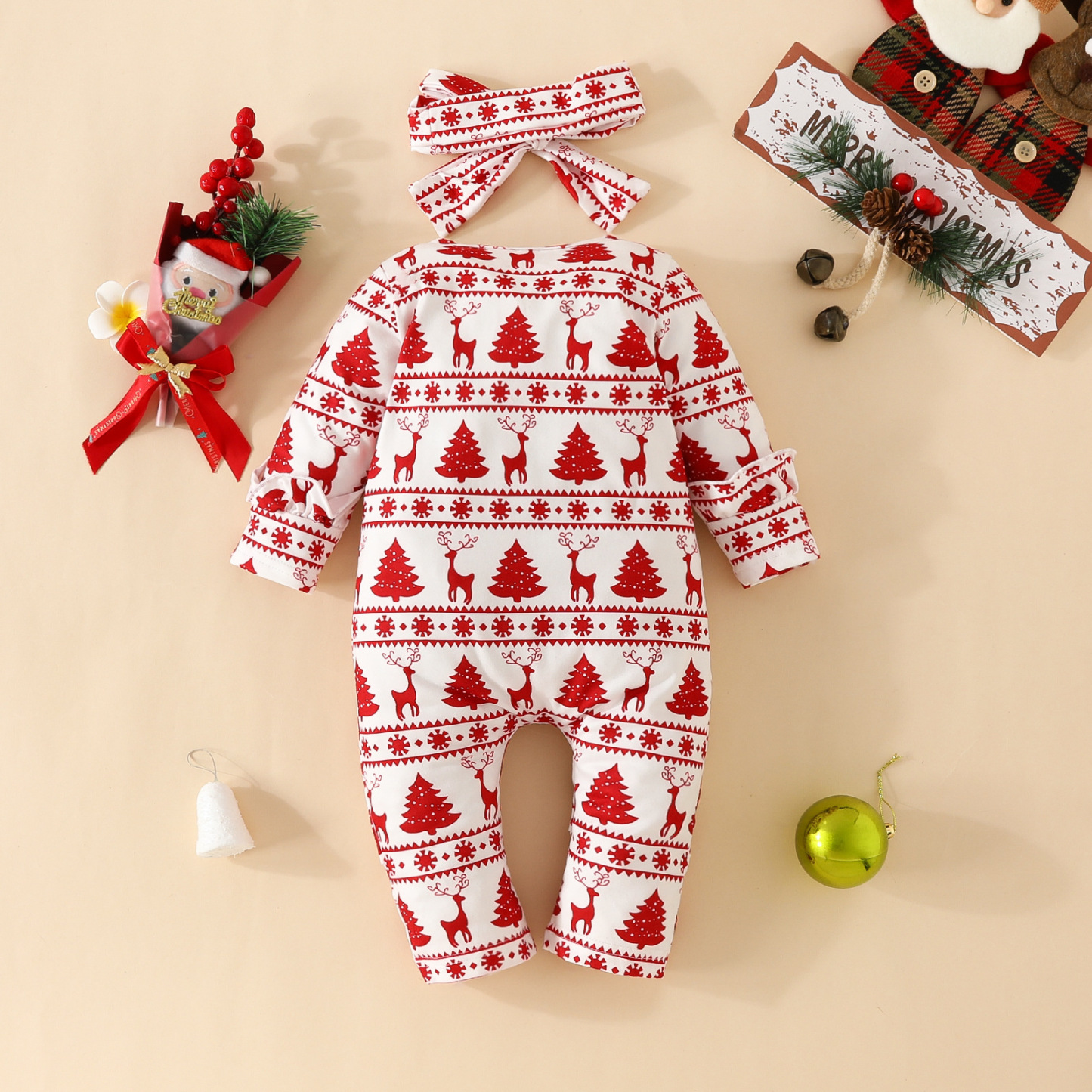 2pcs Newborn Baby Girl Christmas Deer and Pine Print Long Sleeve Romper with Hairband Set-kissminis