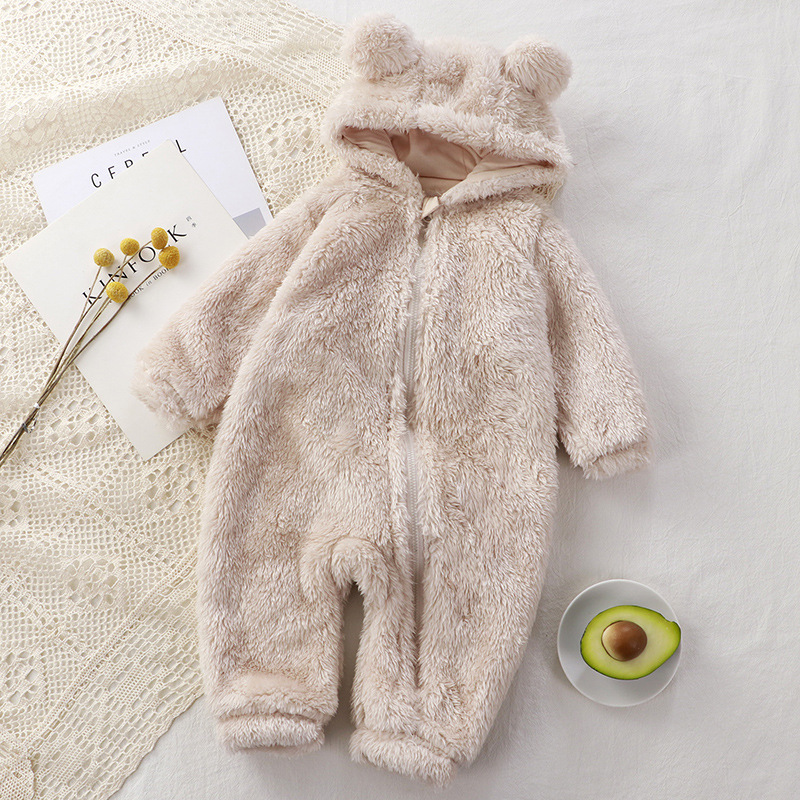 Baby Boy/Girl Cute Bear Ears Design Solid Color Fluff Long Sleeve Hooded Romper-kissminis