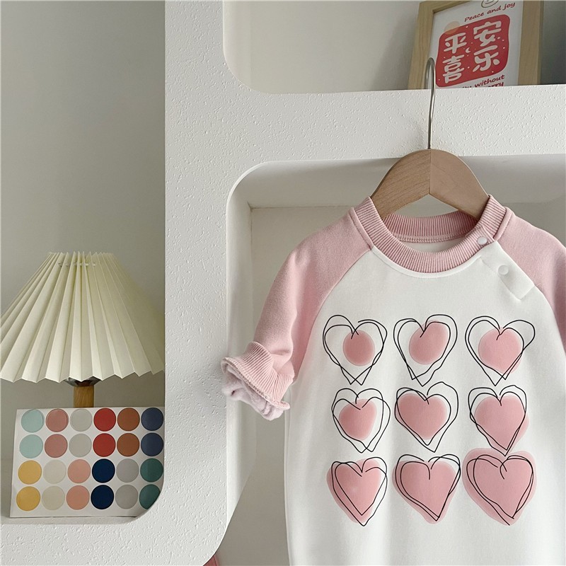 Baby Girl Heart Print Graphic Fluff Block Color Long Sleeve Romper