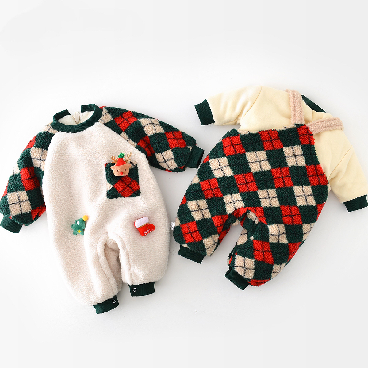 Winter Baby Boy/Girl Christmas Bear Plaid Long Sleeve Romper-kissminis