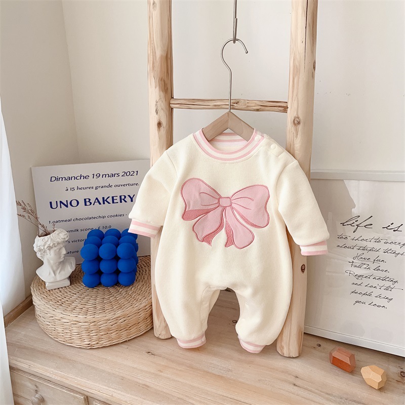 Baby Girl Super Cute Thickened Plush Butterfly Knot Pattern with Long Sleeve Romper-kissminis