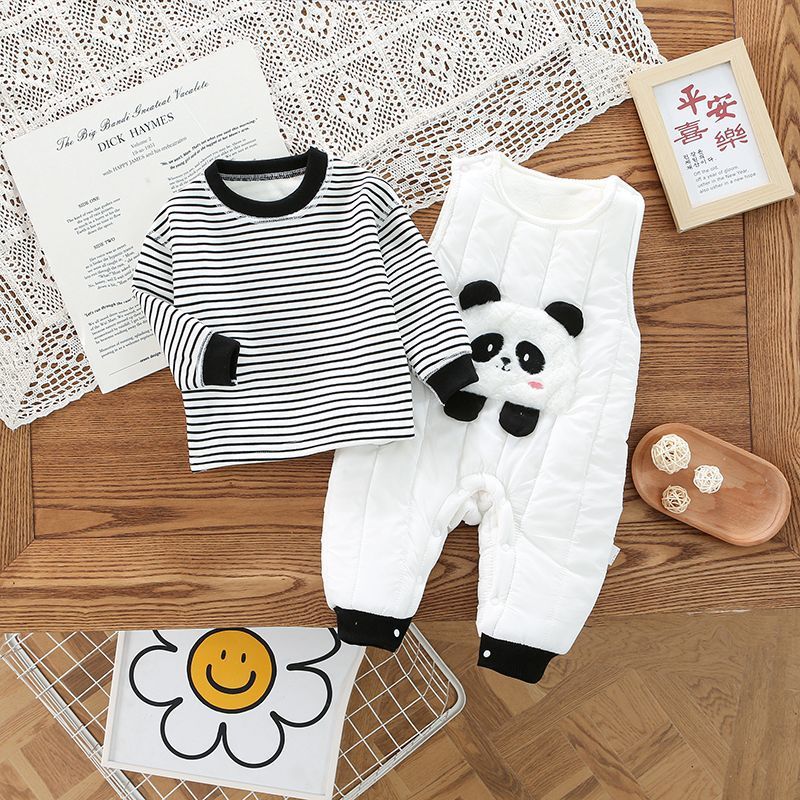 2pcs Baby Boy/Girl Winter Fleece Stripe Line Panda Graphic Overall Romper with Sweatshirt Set-kissminis