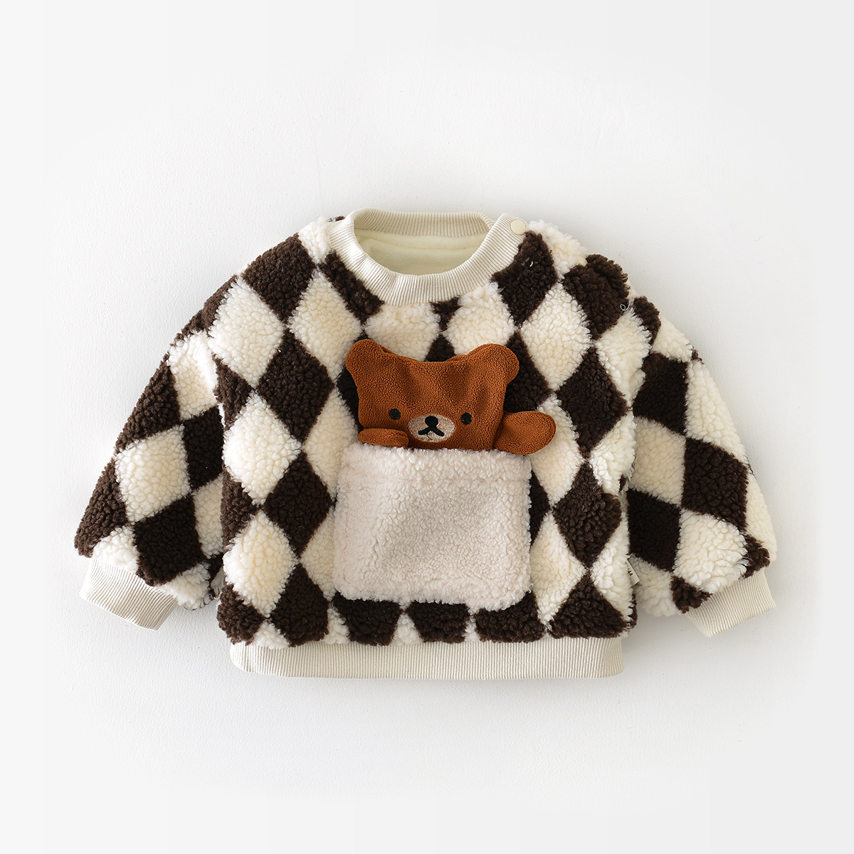 Winter Baby Boy/Girl Cartoon Bear Plaid Fluff Long Sleeve Sweatshirt-kissminis