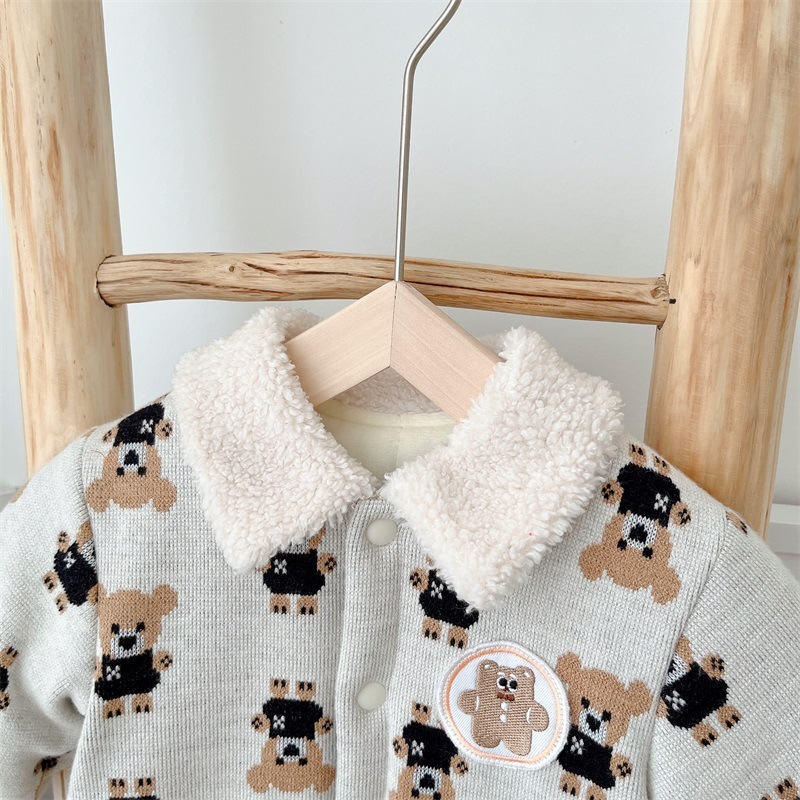 Baby Boy/Girl Winter Polo Collar Allover Bear Print Long Sleeve Fluff Romper-kissminis
