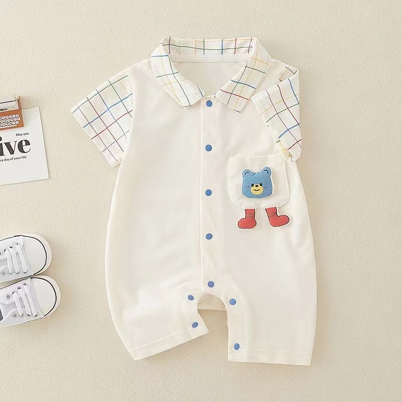 Baby Boy Stereoscopic Bear Plaid Splicing Romper-kissminis