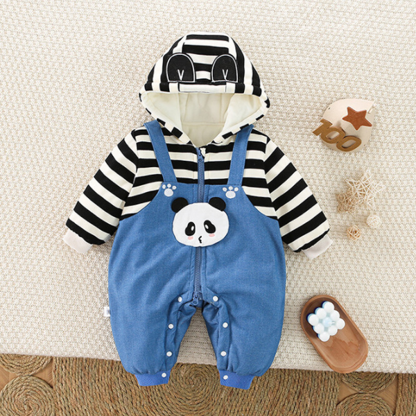 Baby Boy Cute Panda Design Striped Fake Two Pieces Long Sleeve Romper-kissminis