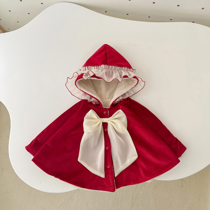 Baby Girl Christmas Bow Tie Thicken Hooded Cloak-kissminis