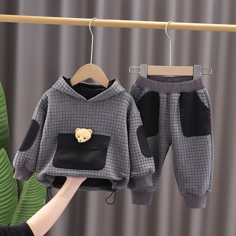 Toddler Boy Cute 3D Bear Pattern Solid Color Two-Piece Set-kissminis