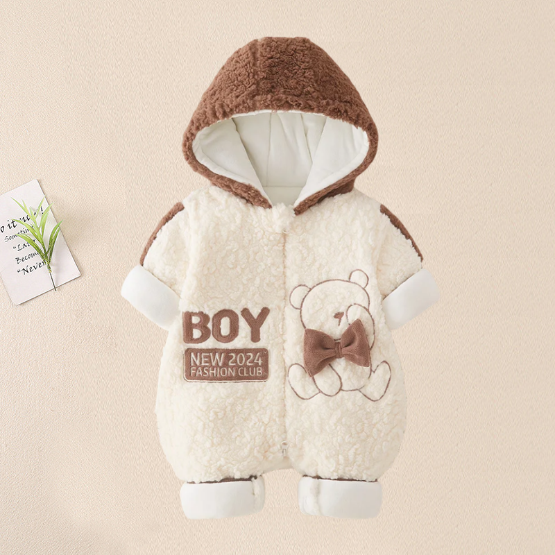 Baby Boy/Girl Winter Bear Tie Design Long Sleeve Thicken Fluff Hooded Romper -kissminis