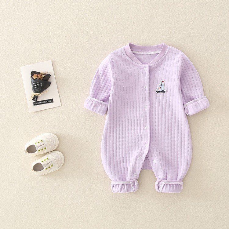 Newborn Baby Boy/Girl Ribbed Sailboat Patch Solid Color Botton Up Long Sleeve Romper