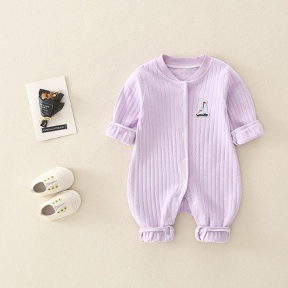 Newborn Baby Boy/Girl Ribbed Sailboat Patch Solid Color Botton Up Long Sleeve Romper