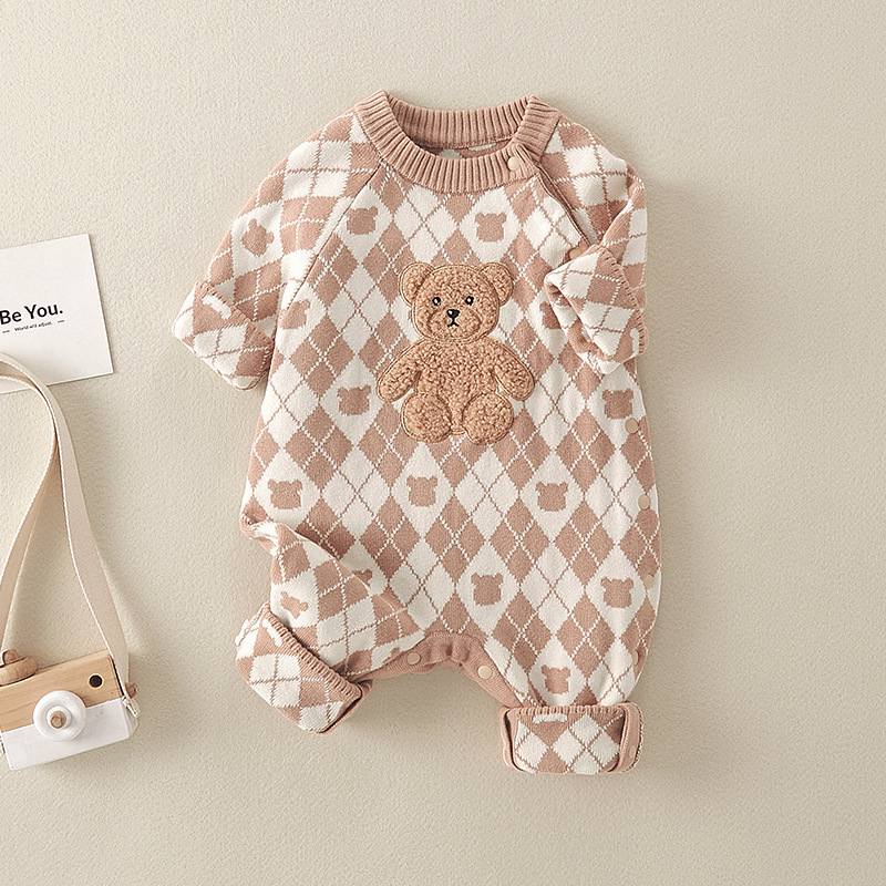 Baby Boy/Girl Cotton Bear Graphic Plaid Knitted Romper-kissminis