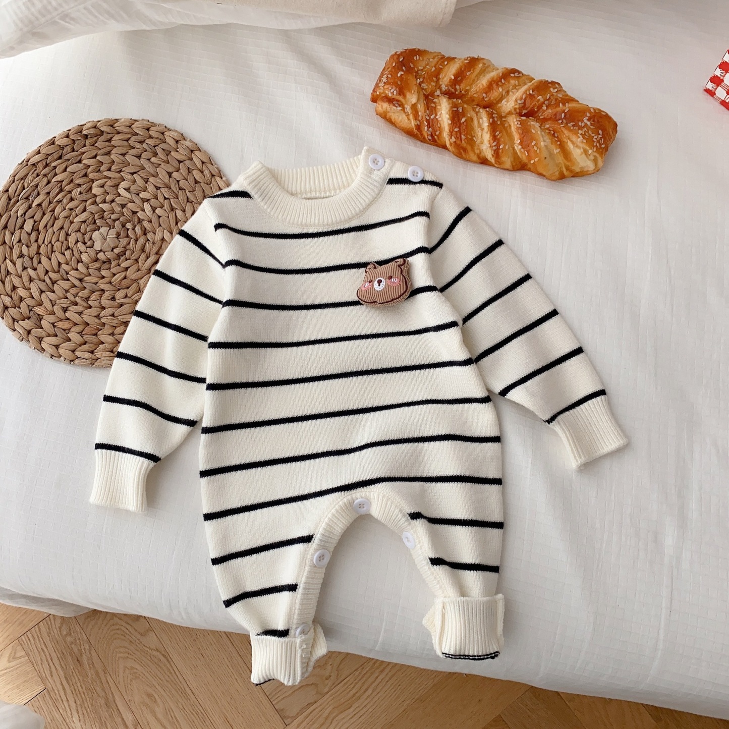 Baby Boy/Girl Cute 3D Bear Solid Color Striped Long Sleeve Romper-kissminis