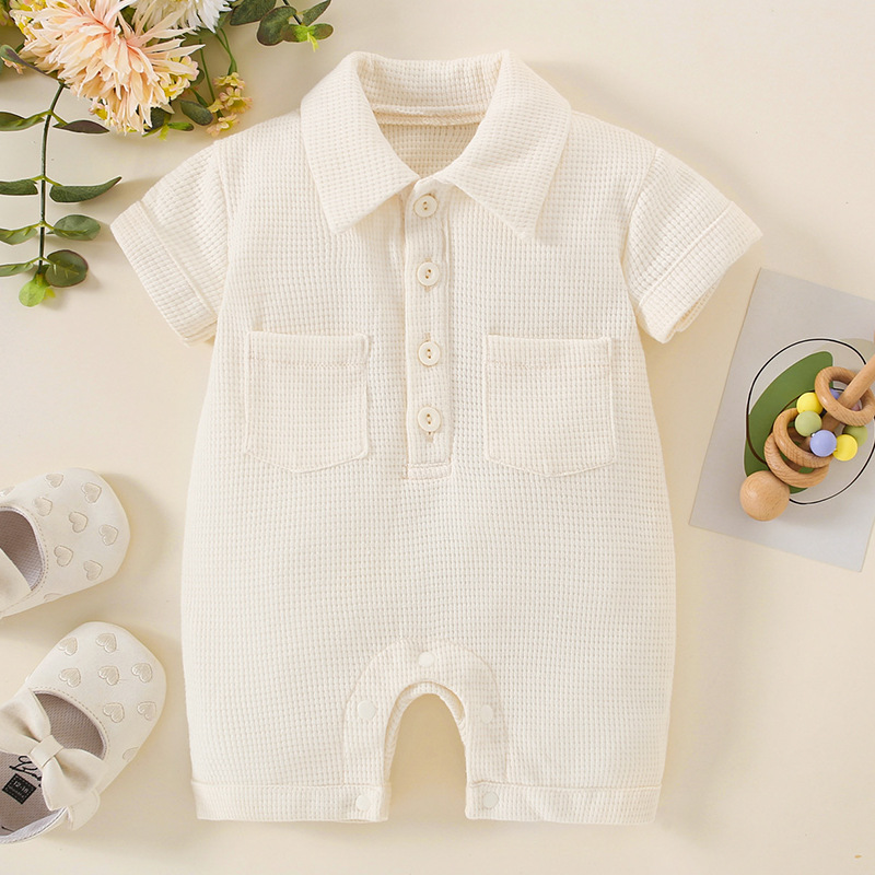 Baby Solid Color Lapel Short Sleeve Romper-kissminis
