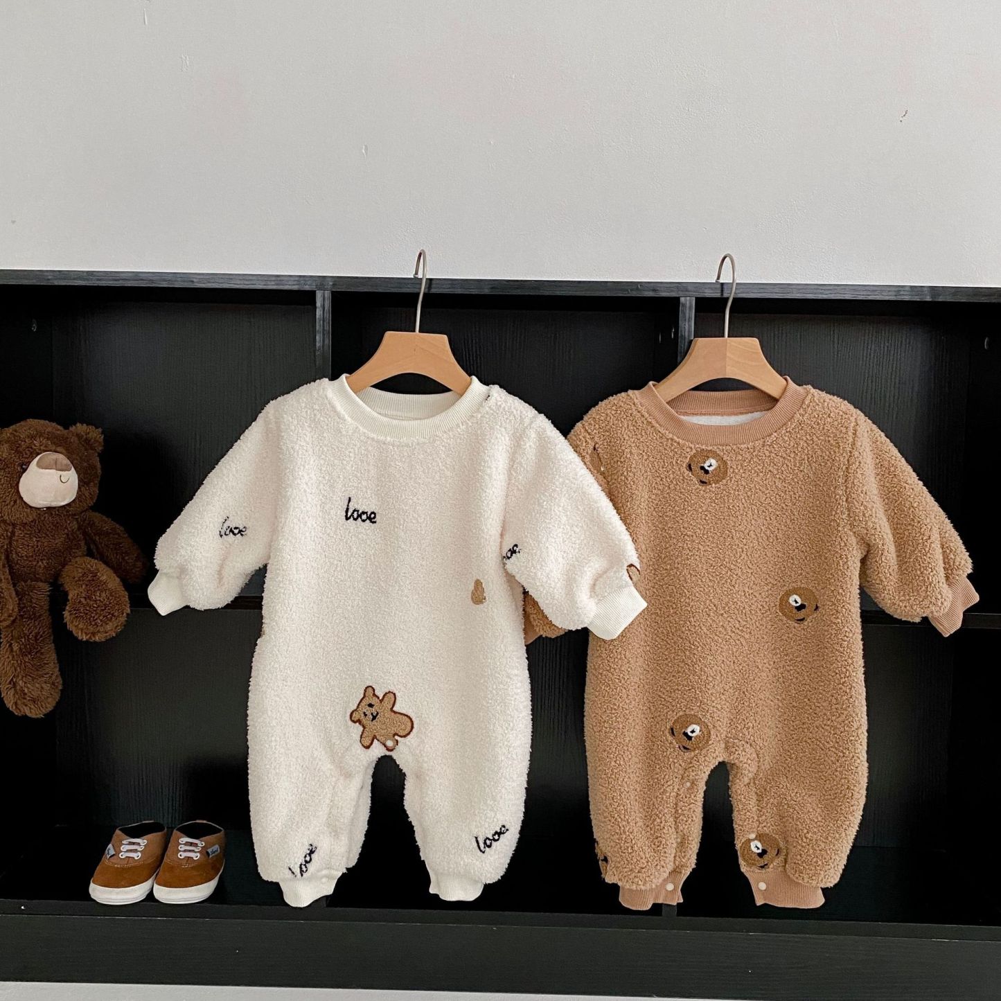 Baby Winter Fleece Solid Color Bear Pattern Romper-kissminis