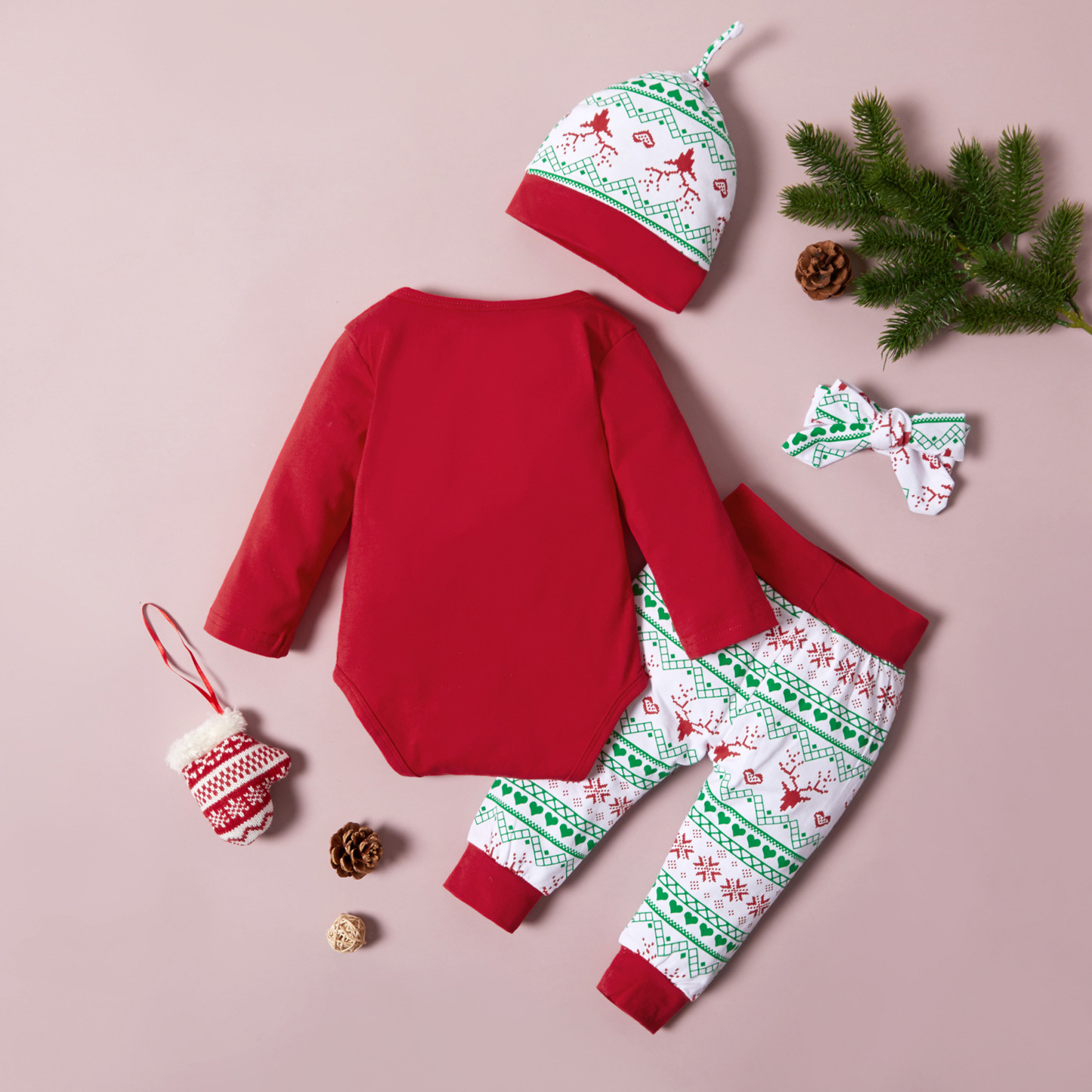 4pcs Newborn Baby Boy & Girl Christmas Letter and Cartoon Print Long Sleeve Bodysuit with Bottoms, Hat and Hairband Set-kissminis