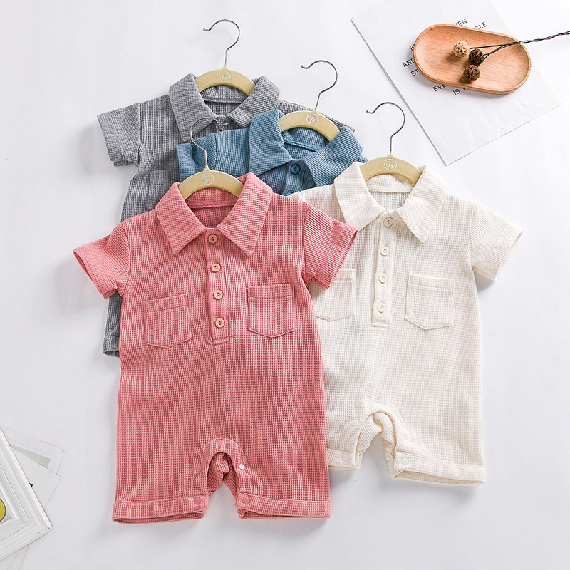 Baby Solid Color Lapel Short Sleeve Romper-kissminis