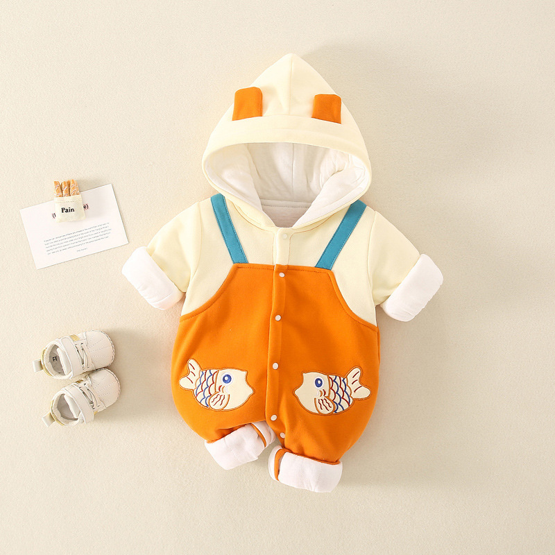 Baby Boy & Girl Winter Fish Graphic Thicken Hooded Long Sleeve Romper-kissminis