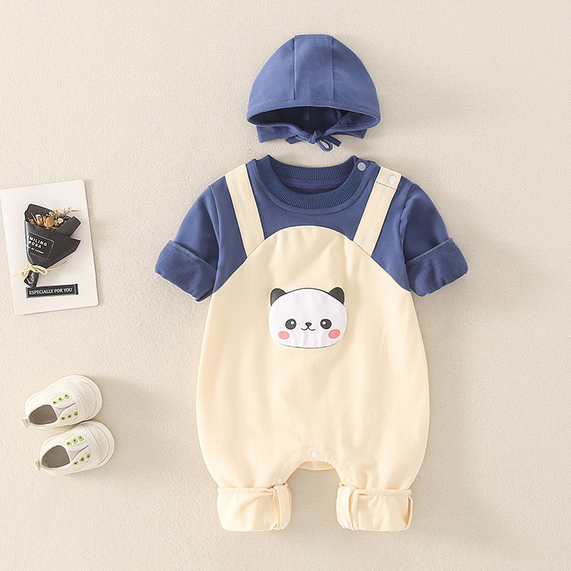 2pcs Baby Girl/Boy Fake Two Pieces Cartoon Panda Print Long Sleeve Romper with Hat Set-kissminis