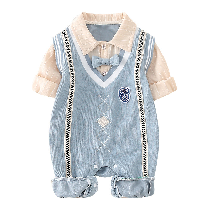Baby Boy/Girl Mock Two Pieces Collegiate Style Knit Long Sleeve Romper-kissminis