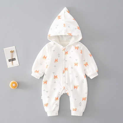 Baby Allover Fox Print Hooded Long Sleeve Romper-kissminis