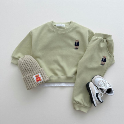 2pcs Toddler Boy/Girl Cool Bear Embroider T-Shirt and Pants Set-kissminis
